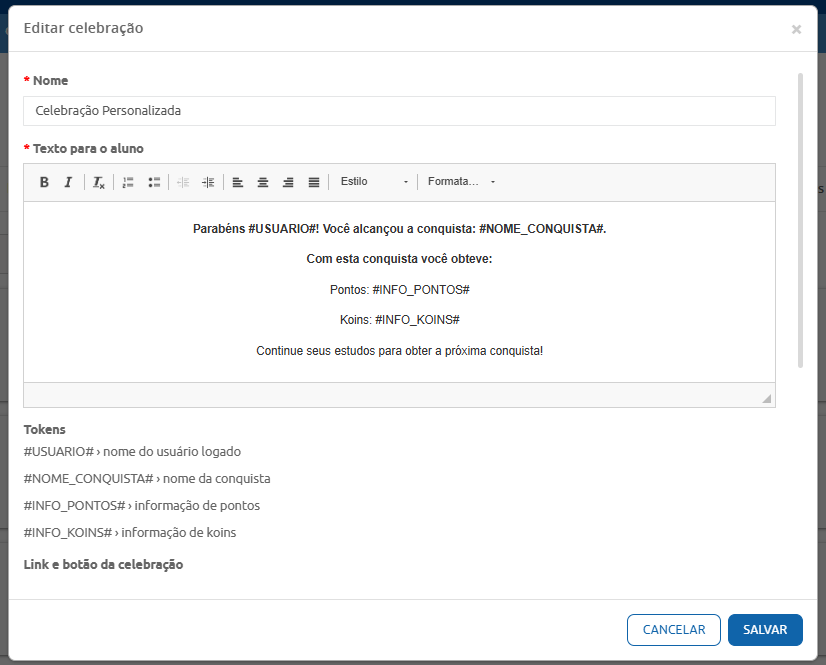 Início do cadastro de celebração