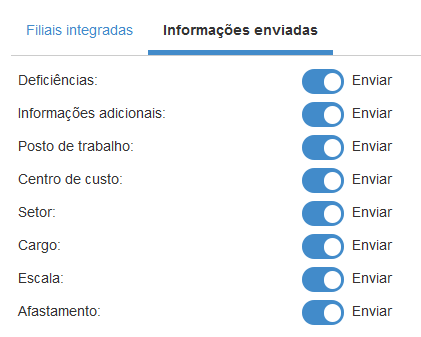 Tela de seleção de informações que serão enviadas na integração