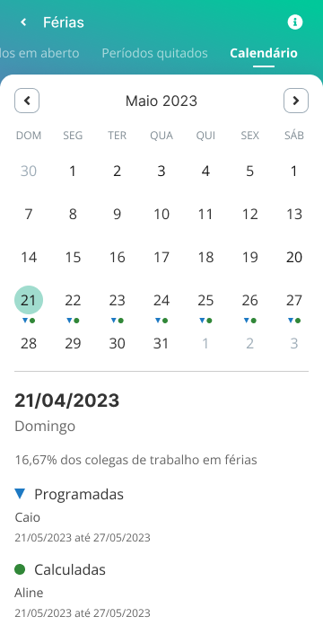 Tela de calendário de férias