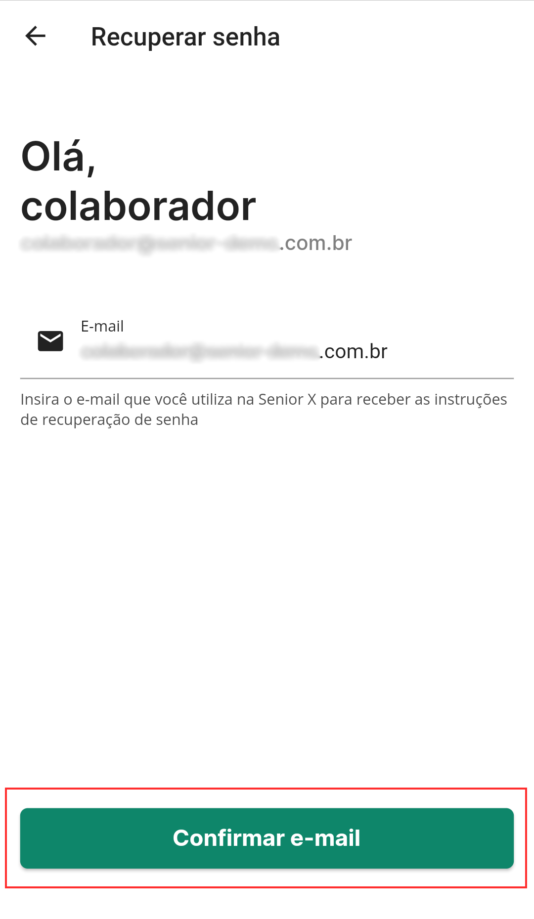 Tela de recuperação de senha do aplicativo Colaborador Tela de recuperação de senha do aplicativo Colaborador
