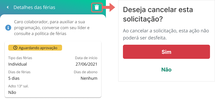 Tela de detalhes das férias - cancelar a solicitação