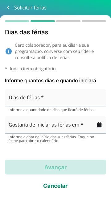 Tela de solicitação de férias - seleção da duração do período de férias