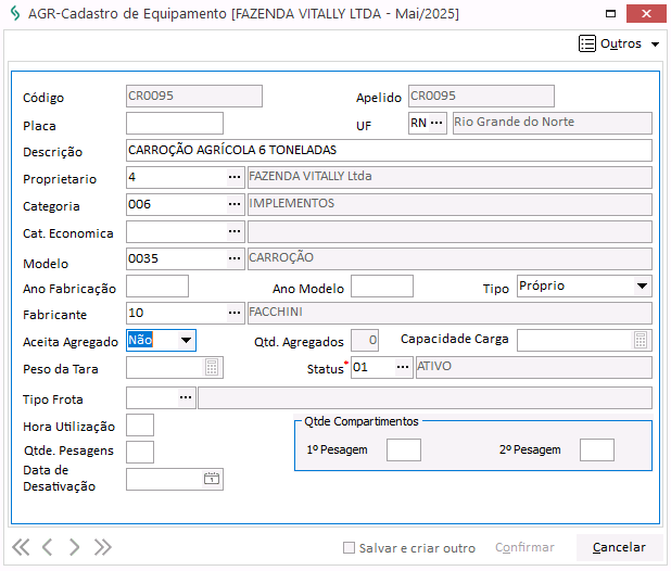 Cadastro de equipamento