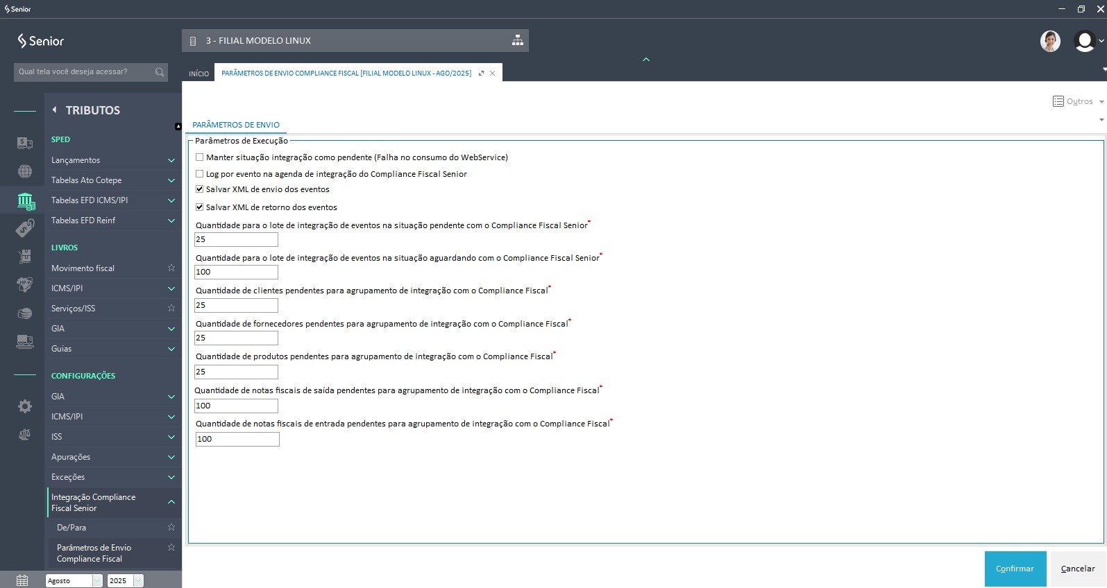 Tela parâmetros de envio