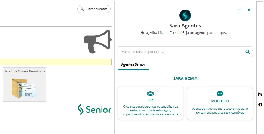 Menu com agentes da Sara disponíveis