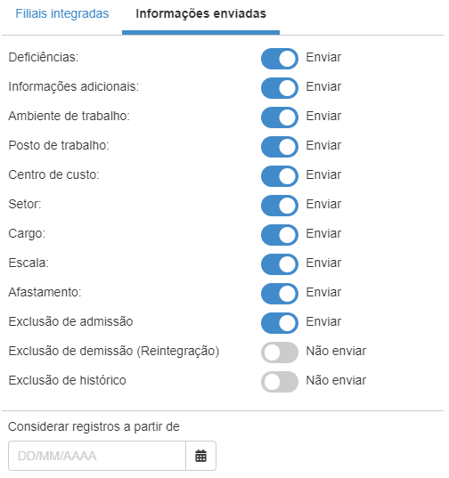 Pantalla para seleccionar la información que se enviará durante la integración