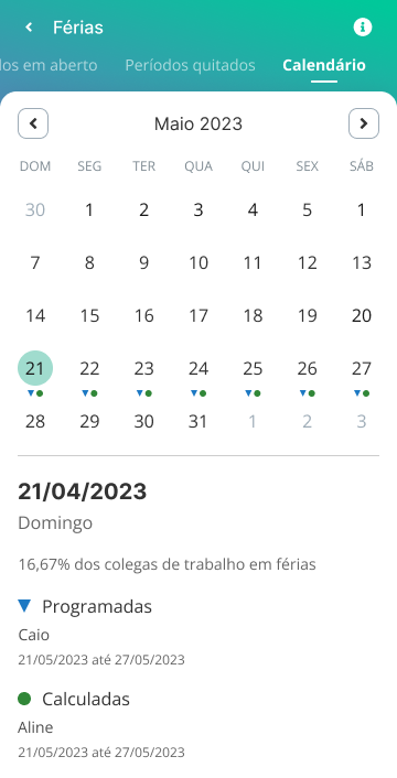 Pantalla de calendario de vacaciones