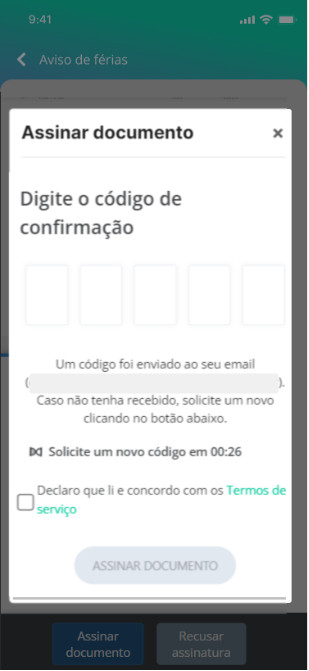 Tela de detalhes das férias no Waapi - código de segurança na assinatura eletrônica