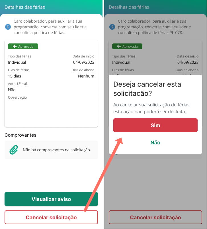 Pantalla de detalles de vacaciones: cancelar solicitud