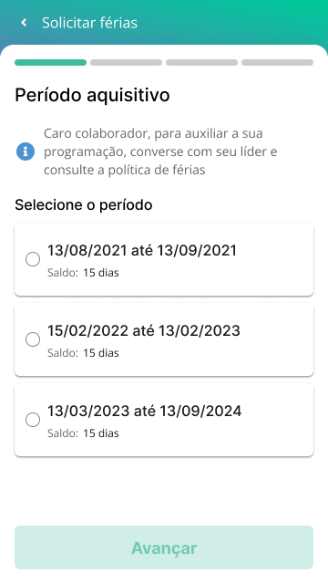 Pantalla de solicitud de vacaciones: lista de períodos con saldo disponible