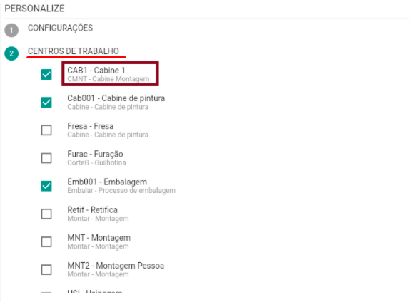 Configuração OEE centro de trabalho