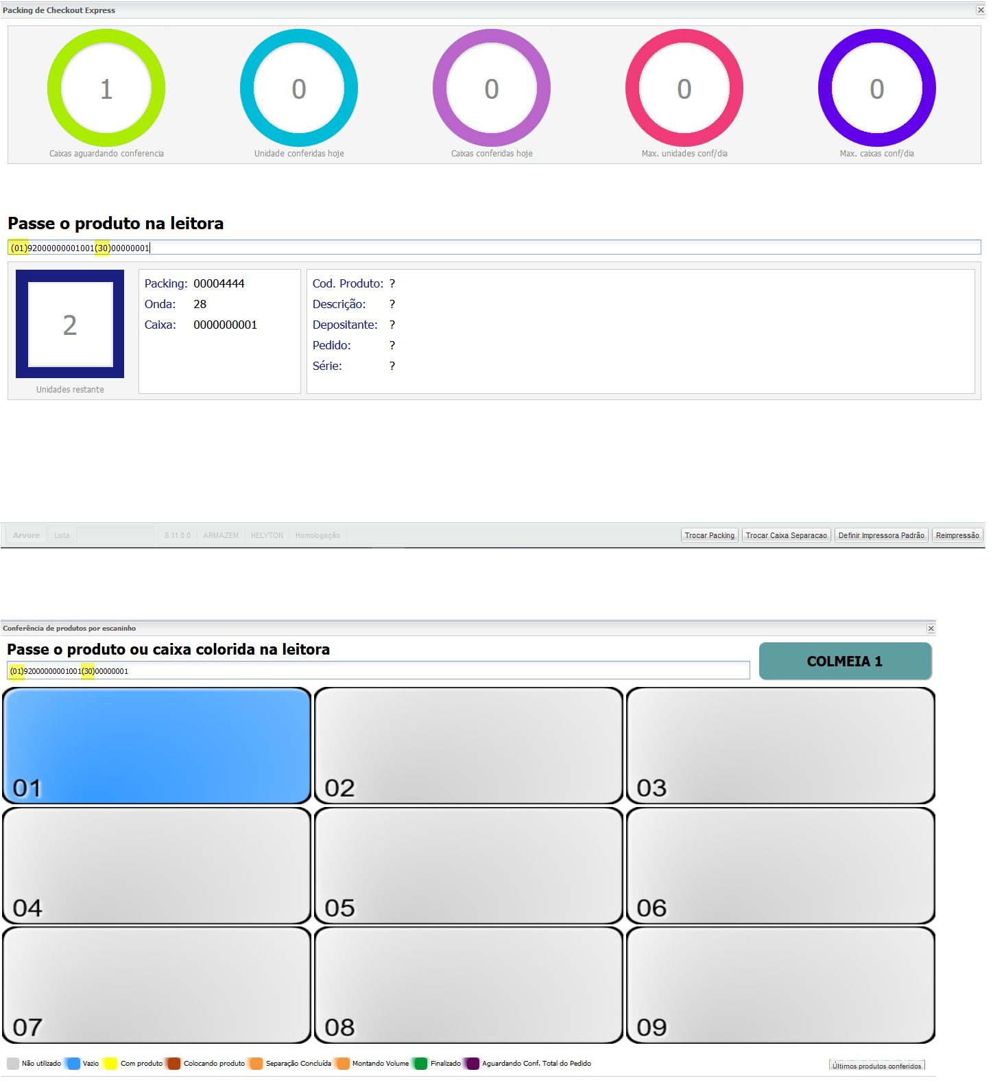 imagem das telas do Checkout Express e da Conferência dos produtos no escaninho da Colmeia