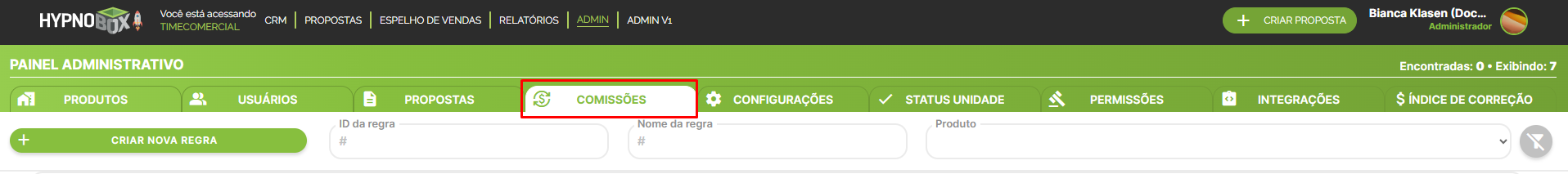 Aba de comissões