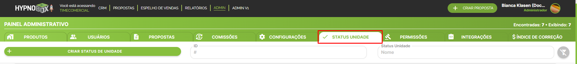 Aba de status unidade