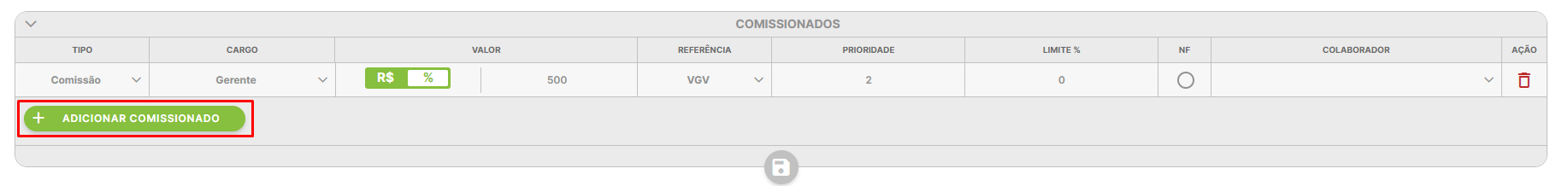 Botão adicionar comissionado
