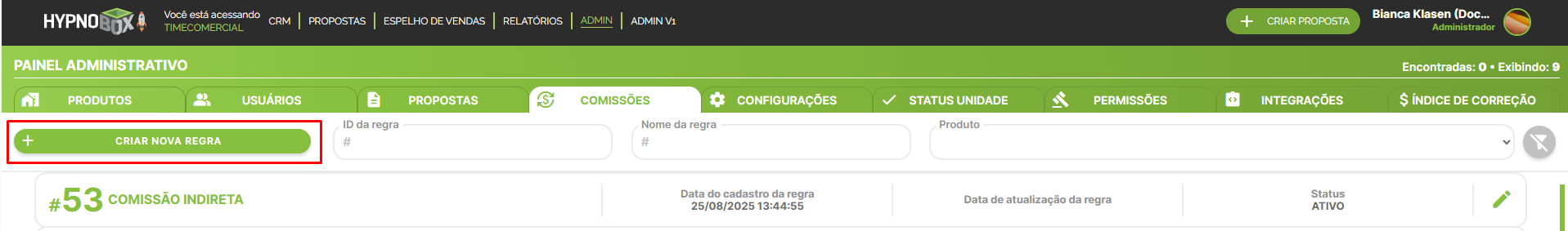 Botão criar regra de comissão