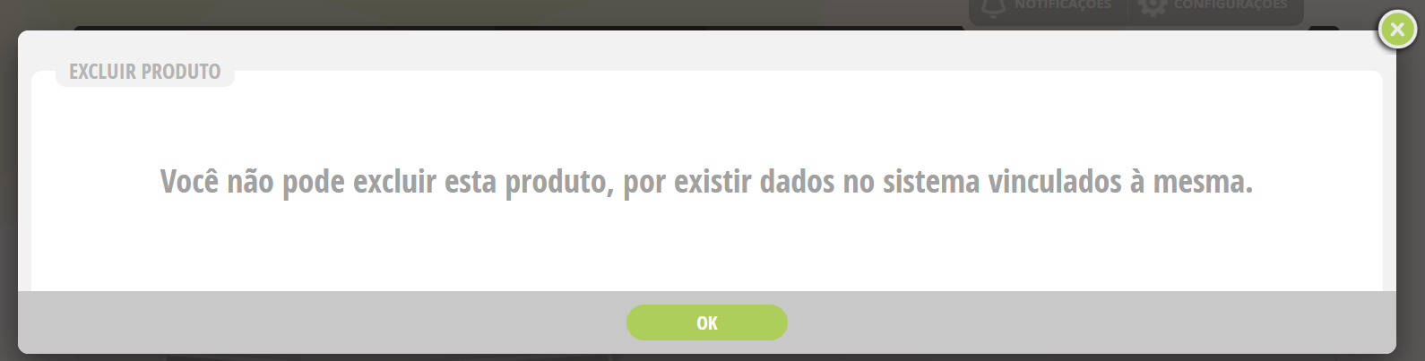 Mensagem de exclusão de produto