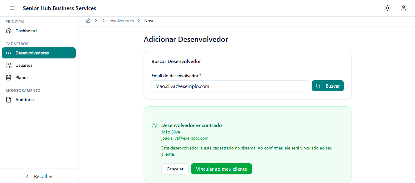 Tela de vínculo com cliente - Senior Hub Business Service (SHBS)