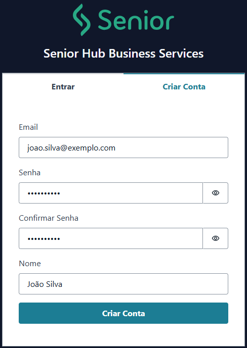 Tela de criação de conta de desenvolvedor - Senior Hub Business Service (SHBS)