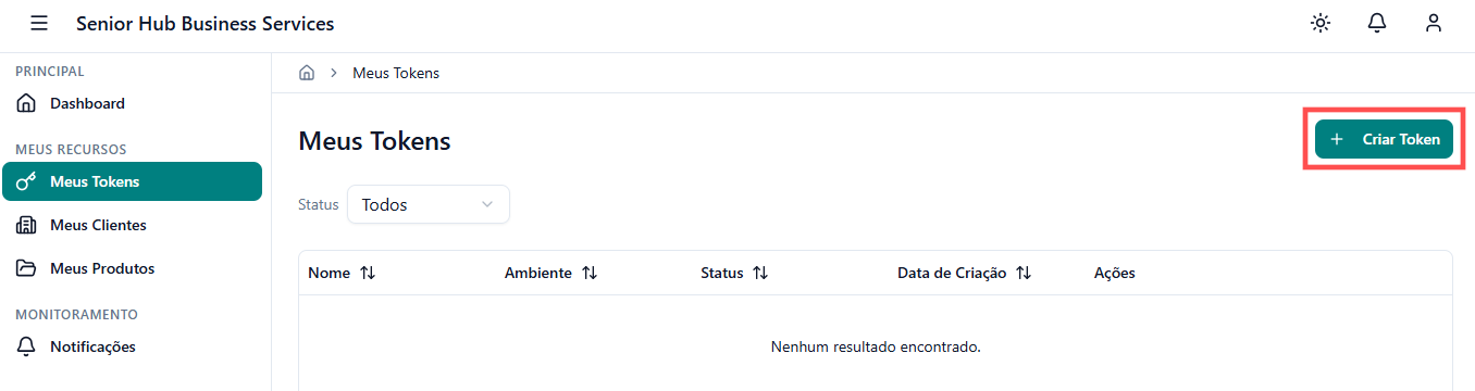 Tela de criação de Token - Senior Hub Business Service (SHBS)