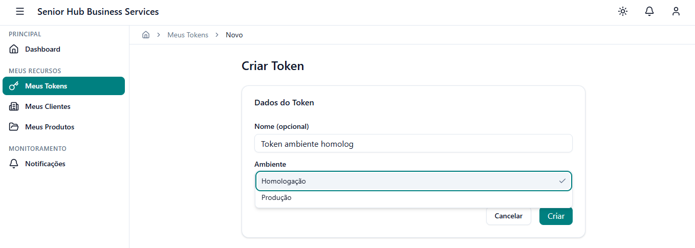 Tela de criação de Token - Senior Hub Business Service (SHBS)