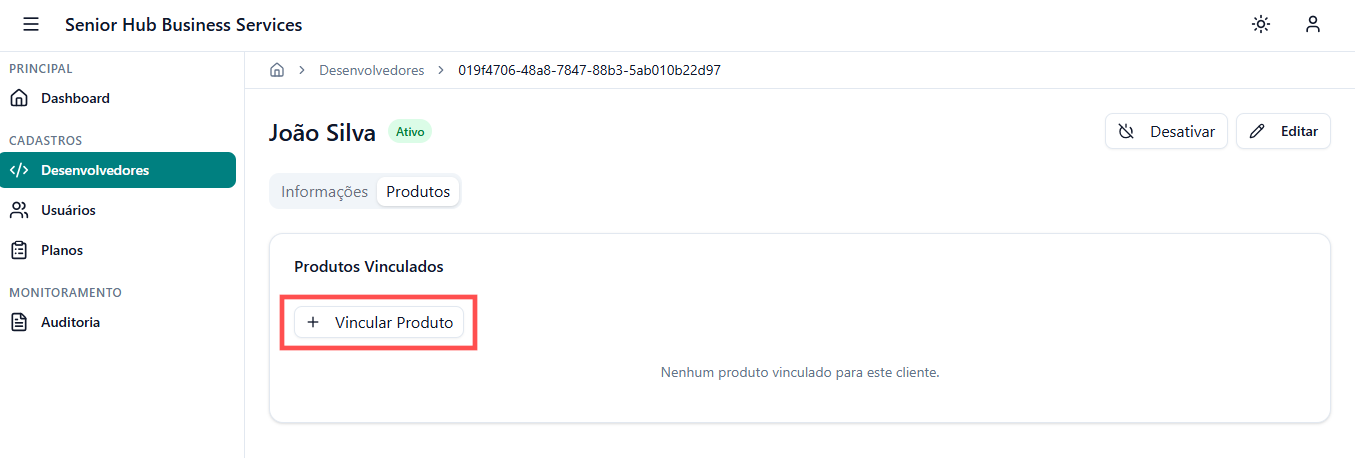 Tela de vínculo com produto - Senior Hub Business Service (SHBS)