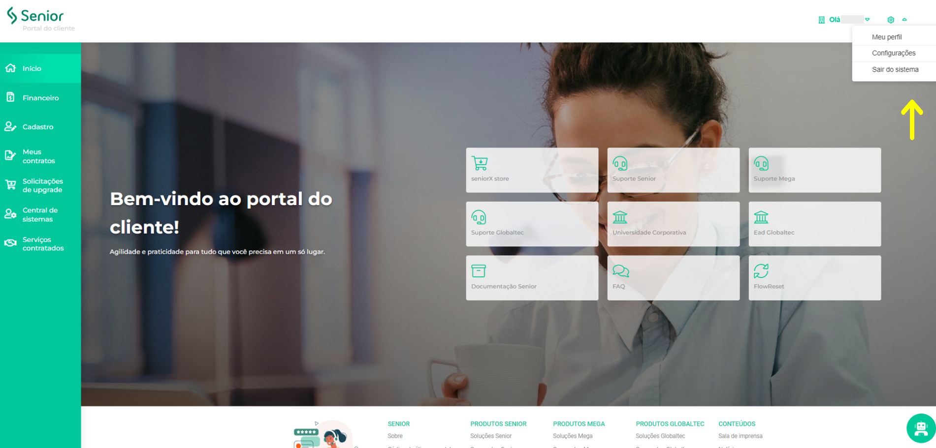 Menu superior do Portal do Cliente