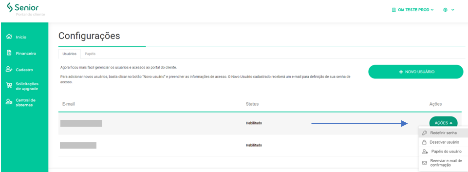 Ações disponíveis para usuários