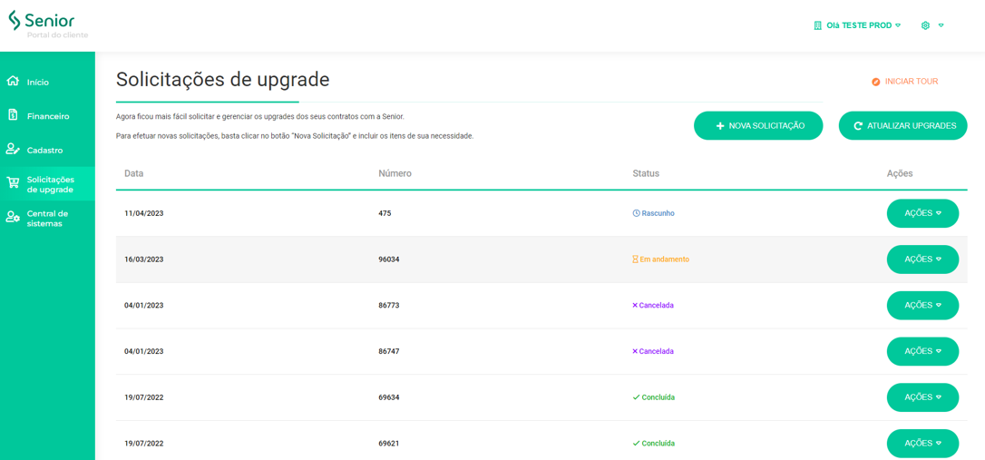 Lista de solicitações de upgrade