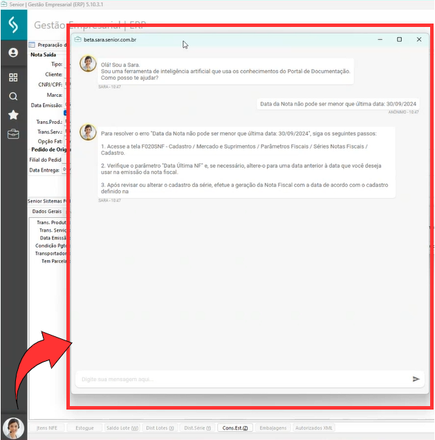 IAssist Docs respondendo dúvidas no ERP XT da Senior