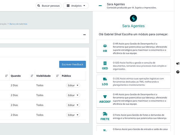 Menu com agentes da Sara disponíveis