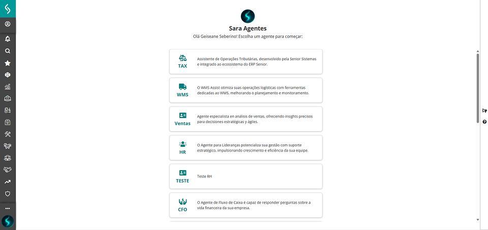 Tela da Sara Agentes aberta em tela cheia
