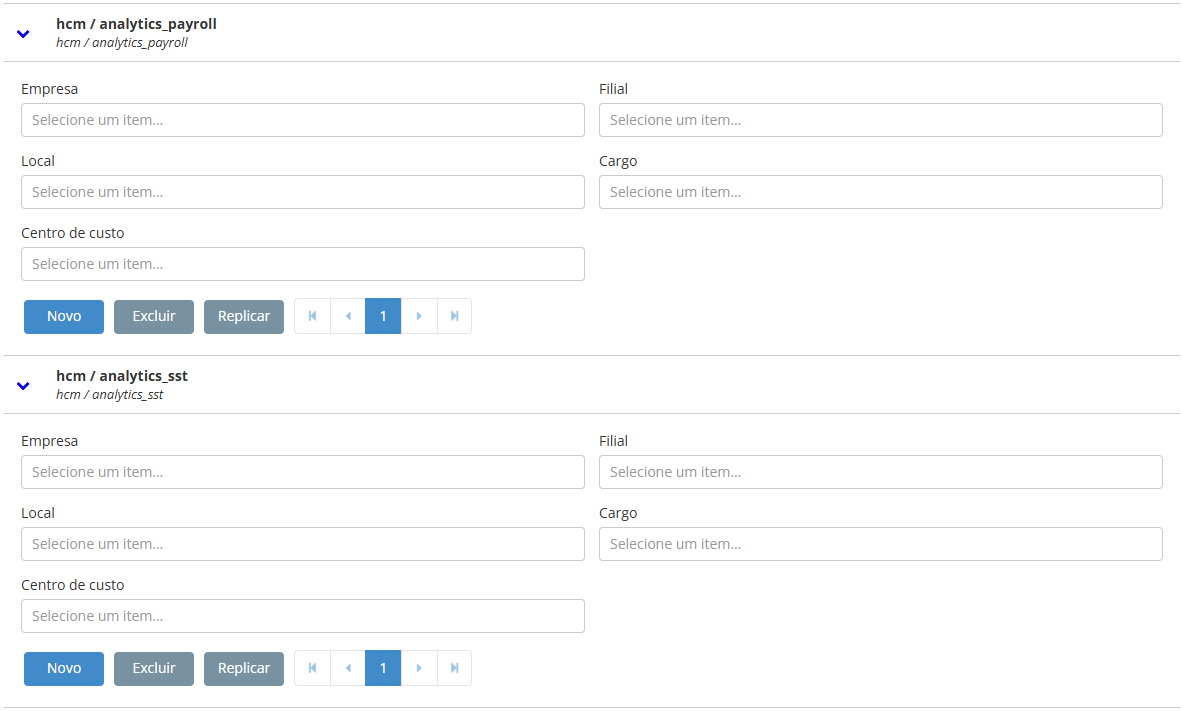 Screenshot da tela de filtros da senior X Platform - filtros por empresa e filial
