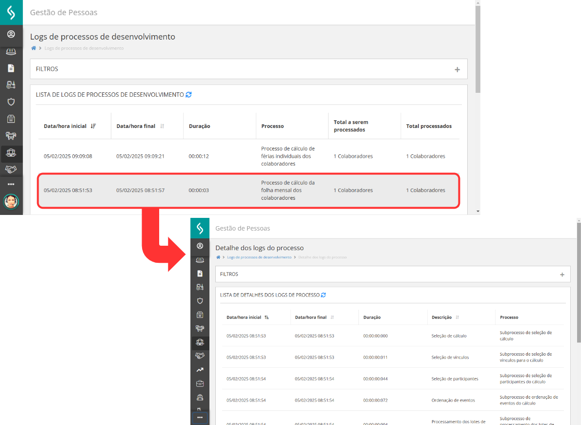 Logs de desenvolvimento - tela de detalhes dos logs