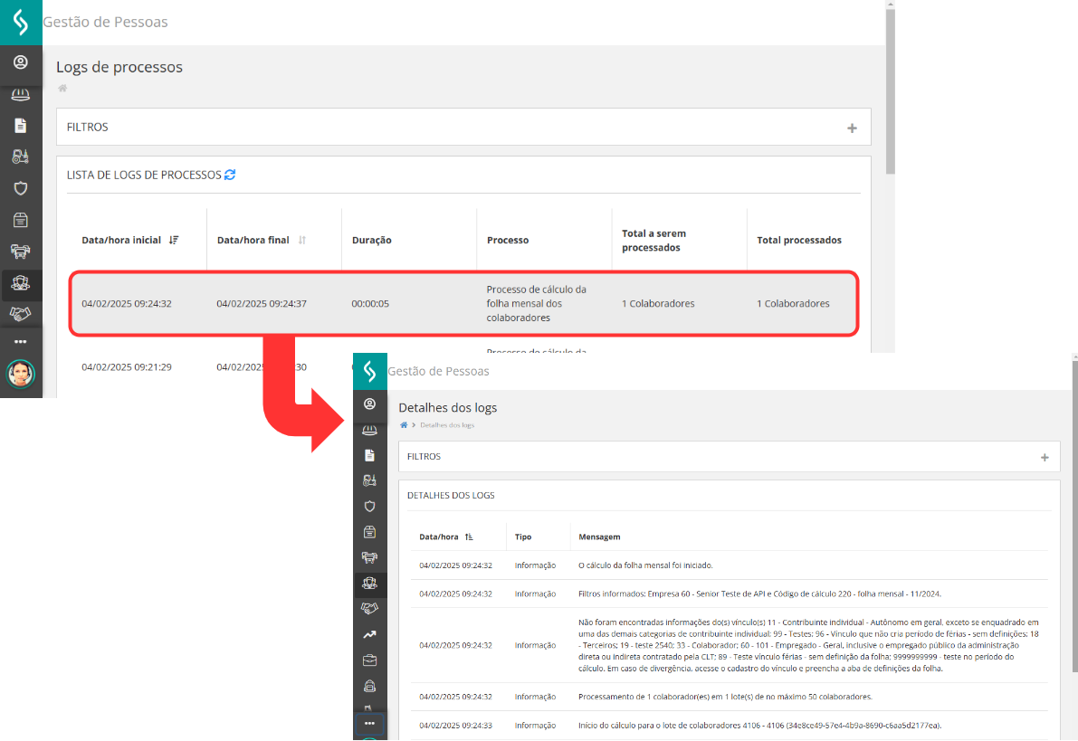 Logs de usuário - tela de detalhes dos logs