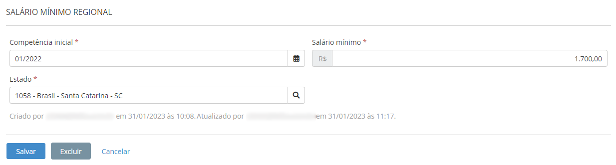 Screenshot da tela de salário mínimo regional