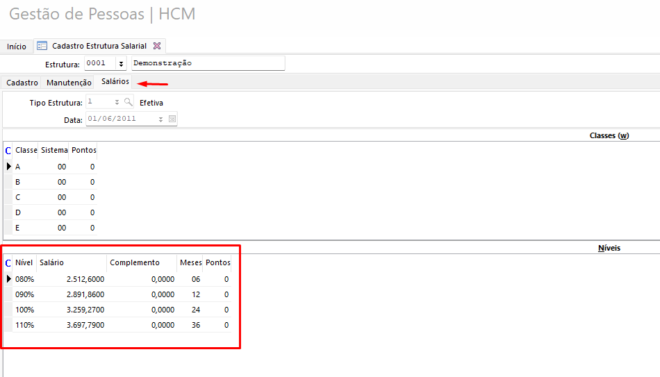 Cadastro de faixas salariais no HCM XT