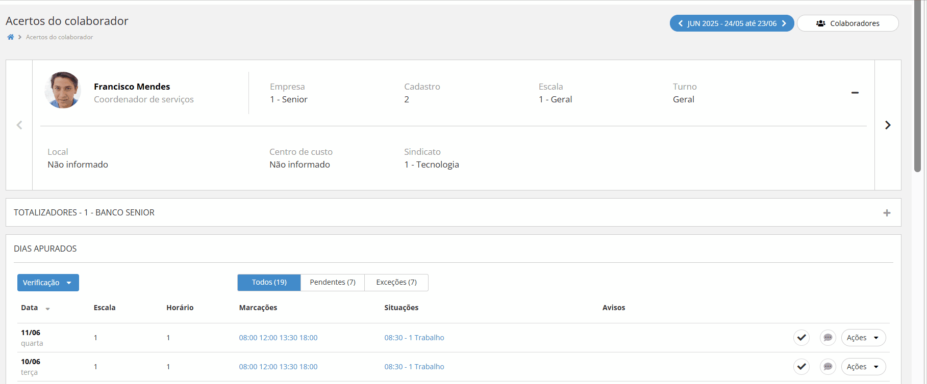 Processo para selecionar a competência que as marcações serão apresentadas e também nevegar pelos liderados