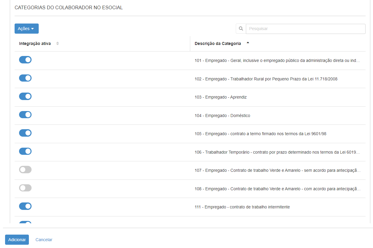 Tela de seleção de categorias do eSocial que serão enviadas na integração