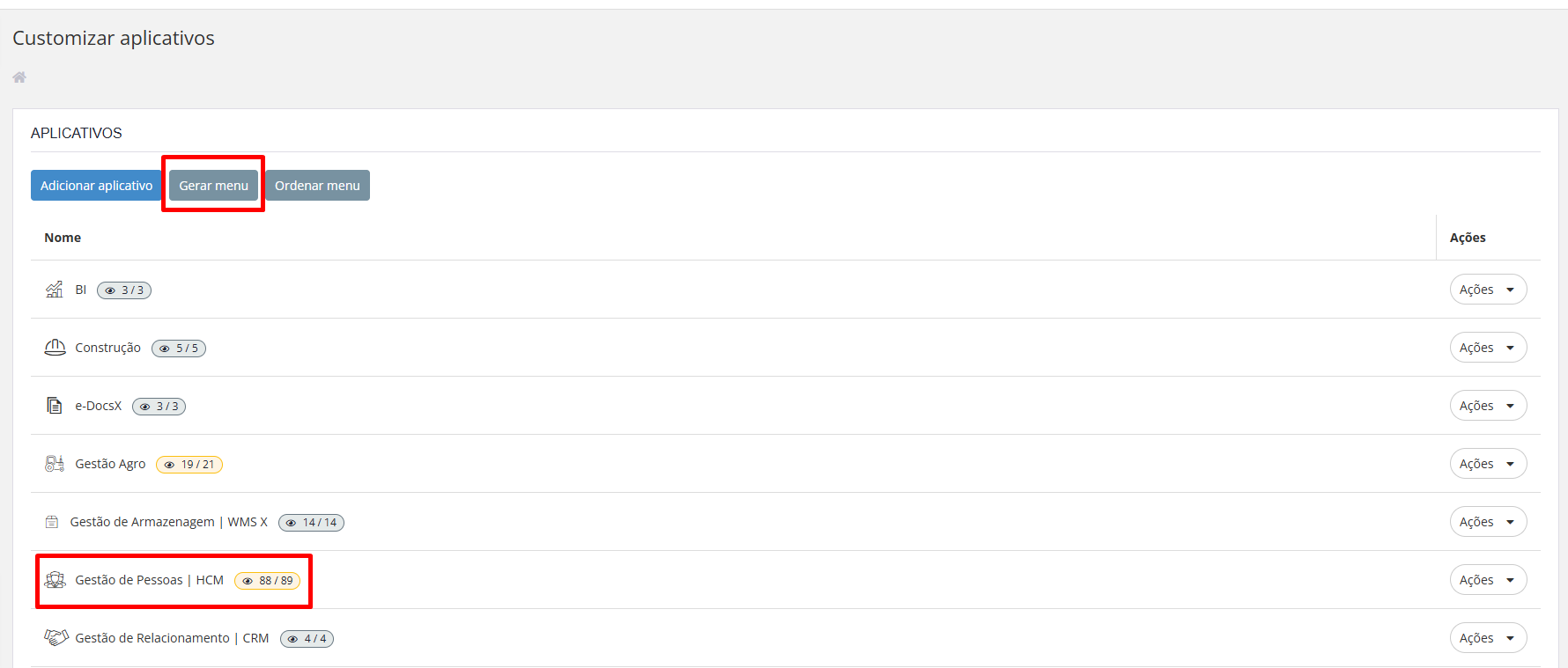 Tela Customizar aplicativos com a aplicação Gestão de Pessoas HCM e o botão Gerar menu destacados.