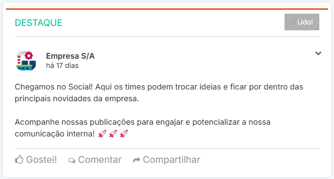 Exemplo de publicação marcada como destaque na timeline do Social