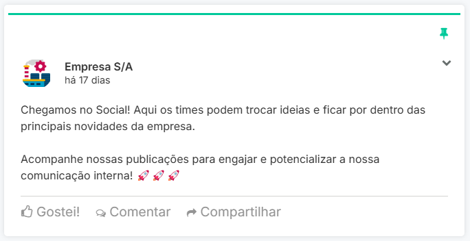 Exemplo de publicação marcada como fixa na timeline do Social