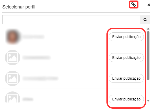 Social - Tela de seleção de perfil e compartilhamento de publicações