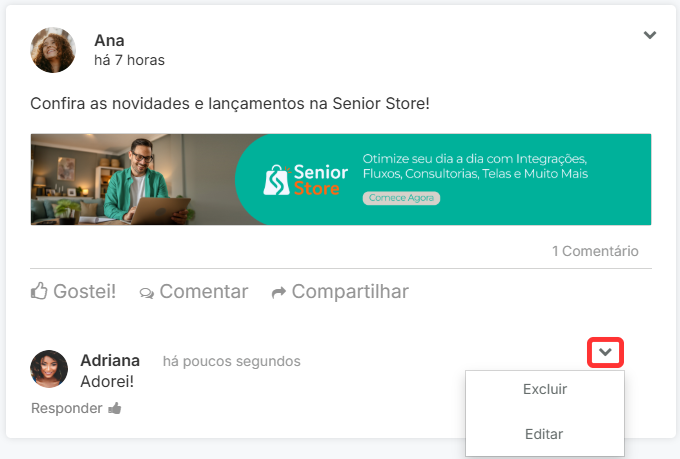 Social - menu de opções do comentário