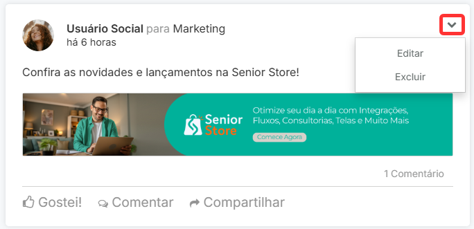 Social - menu de opções da publicação