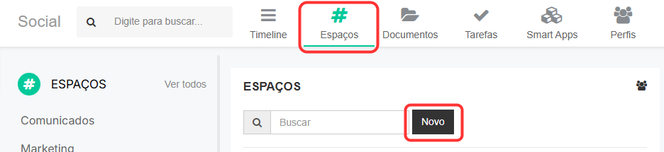 Botão para criar um novo Espaço no Social
