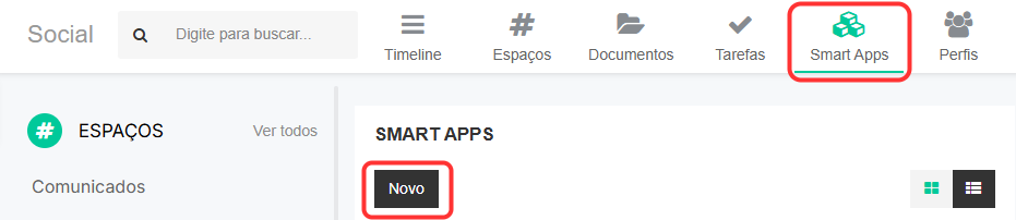 Botão para criar um novo Smart App no Social