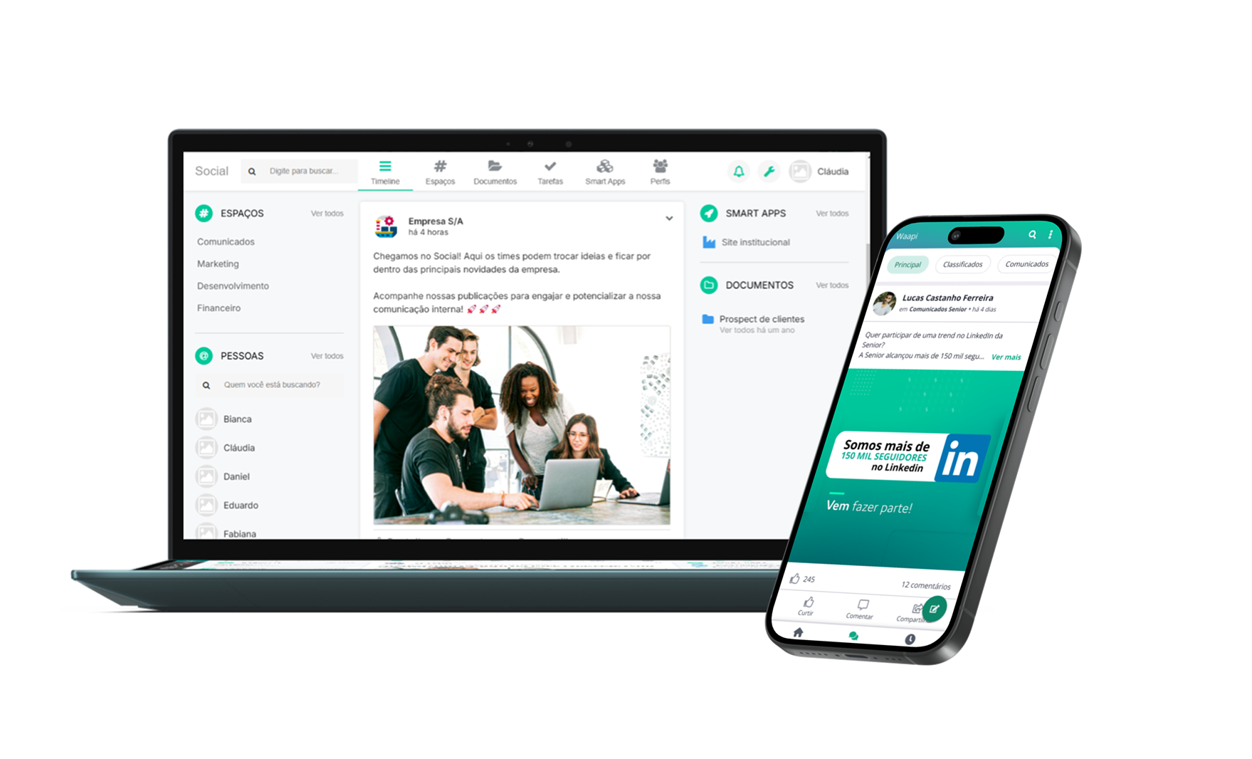 Tela principal do Social em diferentes dispositivos - rede social corporativa da Senior