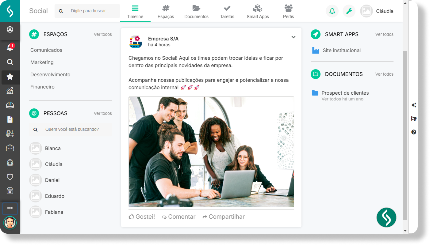 Tela principal do Social - rede social corporativa da Senior