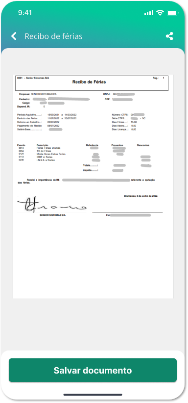 Assinatura de férias no Waapi - visualização do documento assinado